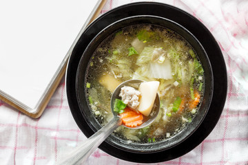 Seaweed soup with egg tofu and Meatballs, Thai food