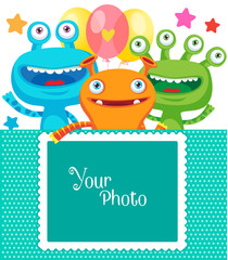 Monster Party Invitation Card Design With Place For Photo. Vector Cartoon Illustration. Frame For Photo. Small Alien Creature.