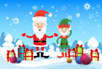 Smiling Santa Claus And Christmas Elf With Holiday Present Boxes Happy New Year Flat Vector Illustration