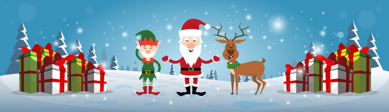Smiling Santa Claus, Reindeer And Christmas Elf With Holiday Present Boxes Happy New Year Flat Vector Illustration