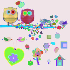 Set of nature elements: owls and birds on branches and tree.