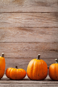 Autumn pumpkins on wooden board table