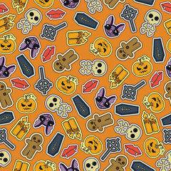 Seamless Halloween flat design. Design for wrapping paper, paper packaging, textiles, holiday party invitations, greeting card. 