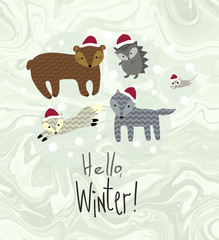 Cute kids winter vector illustration. Foxes, bears, mouse, hedgehog and wolfs with snowflakes dots, black blots on natural warm grey marble background.