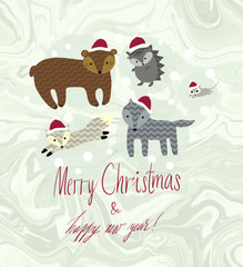 Cute kids winter vector illustration. Foxes, bears, mouse, hedgehog and wolfs with snowflakes dots, black blots on natural warm grey marble background.