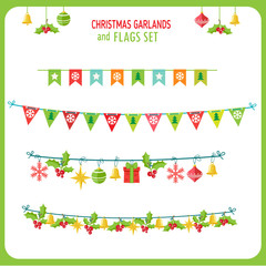 Christmas Garland And Flags Set. Winter Holidays Vector Clip Art On White Background. New Year Garland Decorations. Snowflakes, Gifts, Christmas Balls Vector.