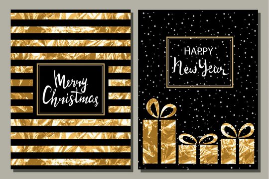 Set of two greeting card. Merry Christmas and Happy New Year hand-drawn inscription. Gold leaf.