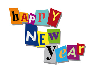 happy new year, word and text cut from paper, in flat design