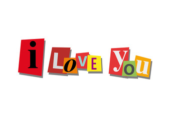 I love you, word and text cut from paper, in flat design