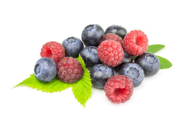 Blueberry and raspberries on white background