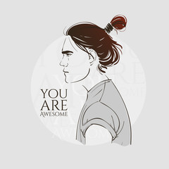Handsome young man with long hair. Hipster hairstyle topknot . Vector fashion hand drawn illustration.