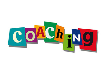 coaching, word and text cut from paper, in flat design