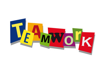 teamwork, word and text cut from paper, in flat design