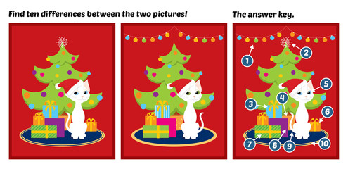 Spot the difference game with the answer key. Vector colorful illustration of a white cat sitting near a Christmas tree and gift boxes.