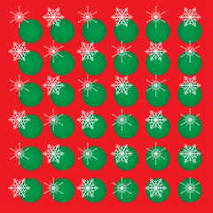 Christmas vector abstract background. White snowflakes and green circles on red. Square format.