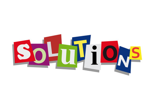 solutions, word and text cut from paper, in flat design