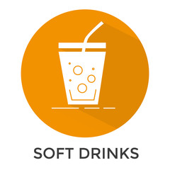 Soft drink icon. Soda sign. Linear icons on round orange background.Long shadow icons