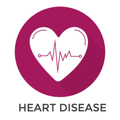 Heart disease long shadow icons, flat vector symbols. Linear icons on round  background.