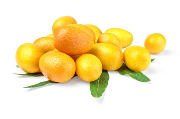 Bunch of kumquat (cumquat) with leaves on a white background