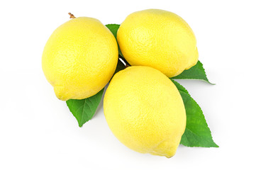 Three ripe fresh lemons with leaves on a white background