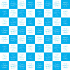 Christmas seamless pattern on chessboard background. New Year wallpaper. Winter blue wrapping with snowflakes.