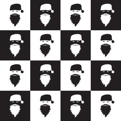 Christmas seamless pattern on chessboard background. New Year wallpaper. Winter black and white wrapping with santa claus.