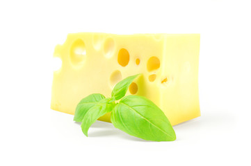 Cheese and basil leaves on a white background
