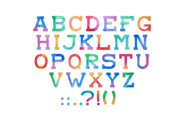 Colorful watercolor aquarelle font type handwritten hand draw abc alphabet letters