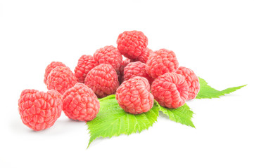 Sweet raspberry with leaves close up on white