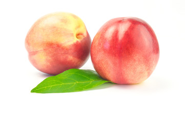 Two nectarines with green leaves on white background