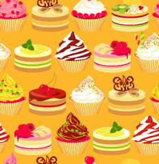 Seamless pattern with bright colorful cakes on yellow background. Vector illustration
