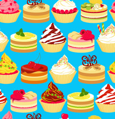 Seamless pattern with bright colorful cakes on blue background. Vector illustration