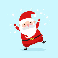 Dancing Santa Claus cartoon character icon isolated on blue background. Santa background for christmas greetings card, banner, poster, invitation. Vector illustration eps10 format.