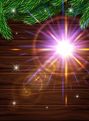 High Quality realistic poster for Christmas. Realistic fir branches on the background of dark wooden planks. Bright glow effects lenses. Vector illustration