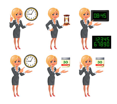 Set of smiling cartoon businesswoman points to the deadline. Girl in suit with clock, hourglass, digital clock and tear-of calendar. Vector illustration isolated on white background.