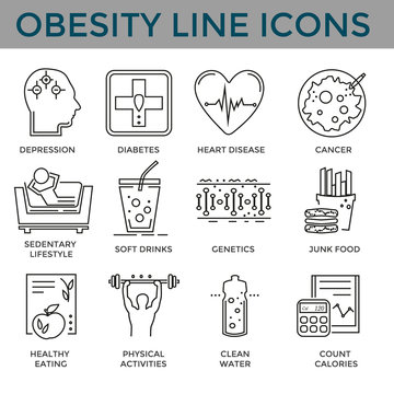 Concept of obesity, related  disease.Black clean icons set