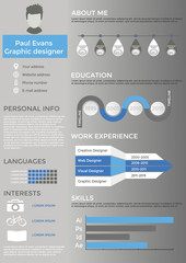 Flat resume info graphic design on grey background. Resume cv set with Infographics and Timeline. Clean vector