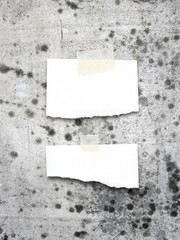 Two blank ripped pieces of paper frames on gray dirty concrete wall background