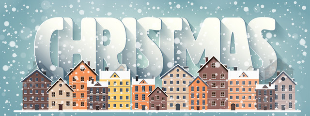 Vector illustration. Winter urban landscape. City with snow. Christmas and new year. Cityscape. Buildings.