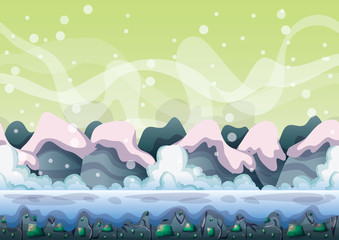 cartoon vector snow landscape background with separated layers for game and animation game design asset in 2d graphic