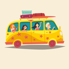 Bus with traveling happy people. Hippie on  camper bus. Woodstock lifestyle. Cartoon style vector illustration, isolated