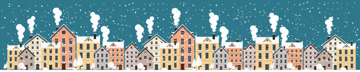 Obraz na płótnie Canvas Vector illustration. Winter urban landscape. City with snow. Christmas and new year. Cityscape. Buildings.