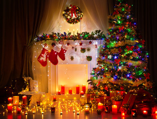 Christmas Tree Night Room Interior, Home Decoration Fireplace Lights