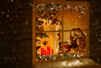 Christmas Window, Family Celebrating Holiday Night, Mother Children