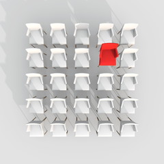 3d illustration rendering of multiple white chairs square grid with a red one