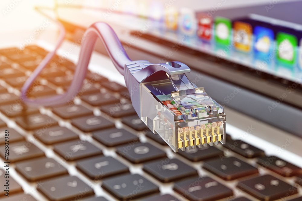 Poster wire network connection and internet communication technology concept, closeup view of ethernet cabl