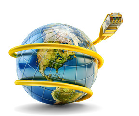 Global internet communication and network connection concept, yellow ethernet cable with RJ45 plug connector around Earth globe isolated on white background