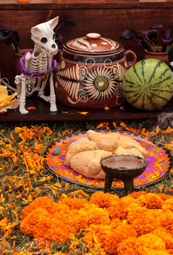 Skull On An Alter At Dia De Los Muertos, Day Of The Dead, In Los Angeles.