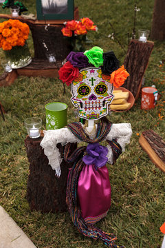 Skull On An Alter At Dia De Los Muertos, Day Of The Dead, In Los Angeles.