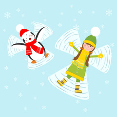 Penguin and girl making snow angels